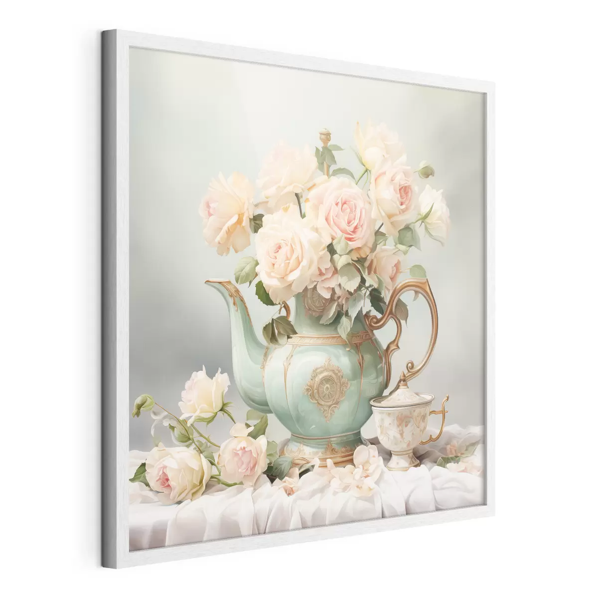 Poster Naturaleza muerta con delicadas rosas en un juego de té f45045