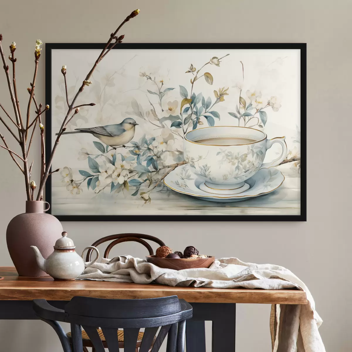 Poster Pájaro en una rama con flores cerca de una taza en tonos pastel f45047