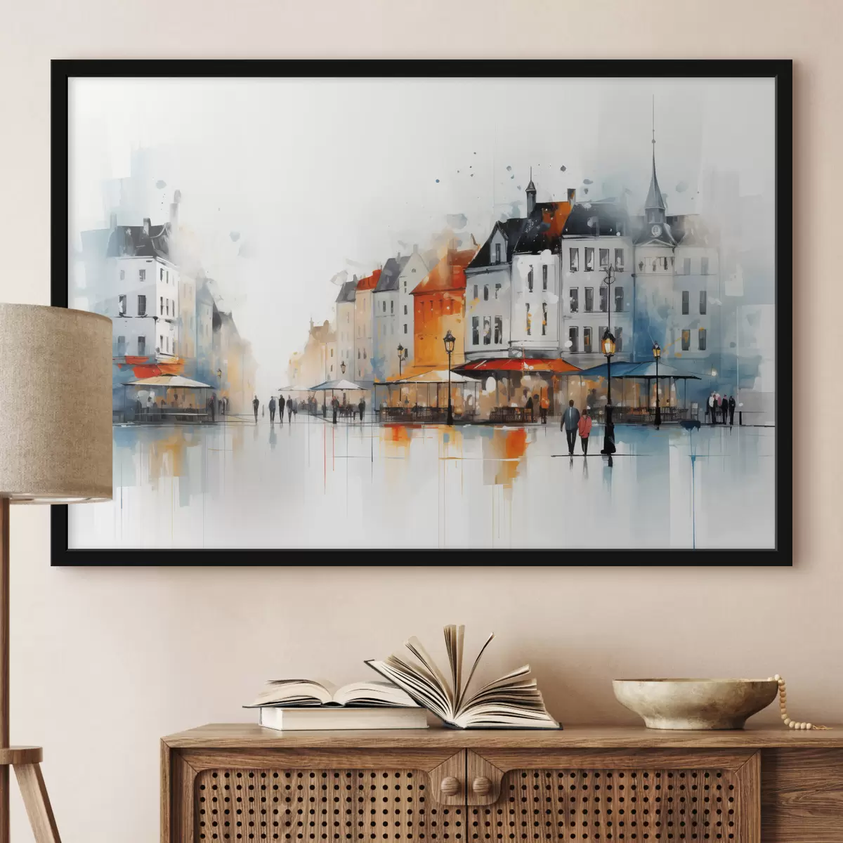 Poster Escena callejera con edificios y personas en estilo artístico f45050