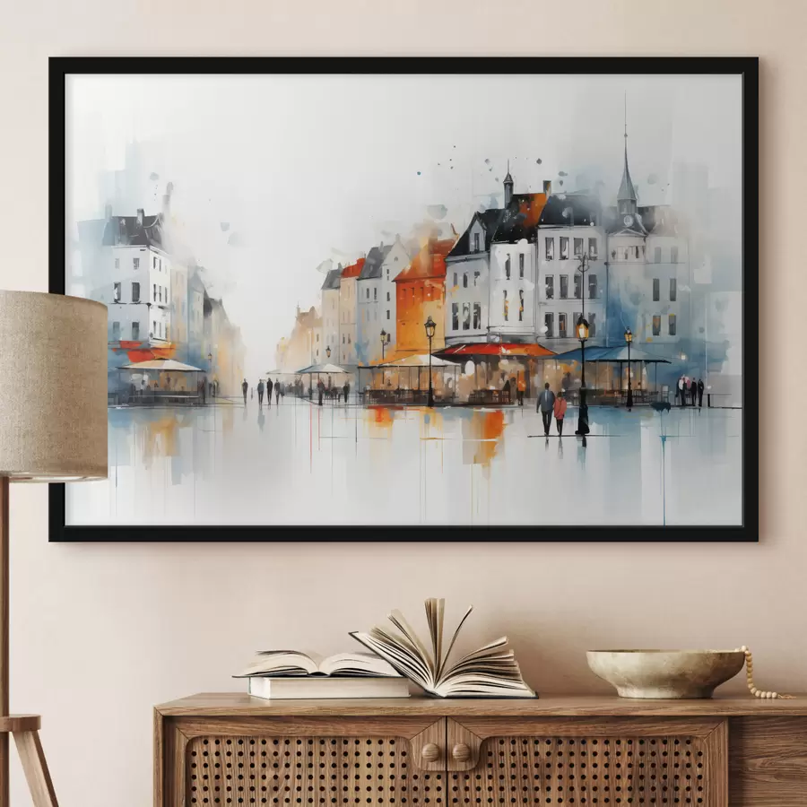 murales de pared Escena callejera con edificios y personas en estilo artístico f45050