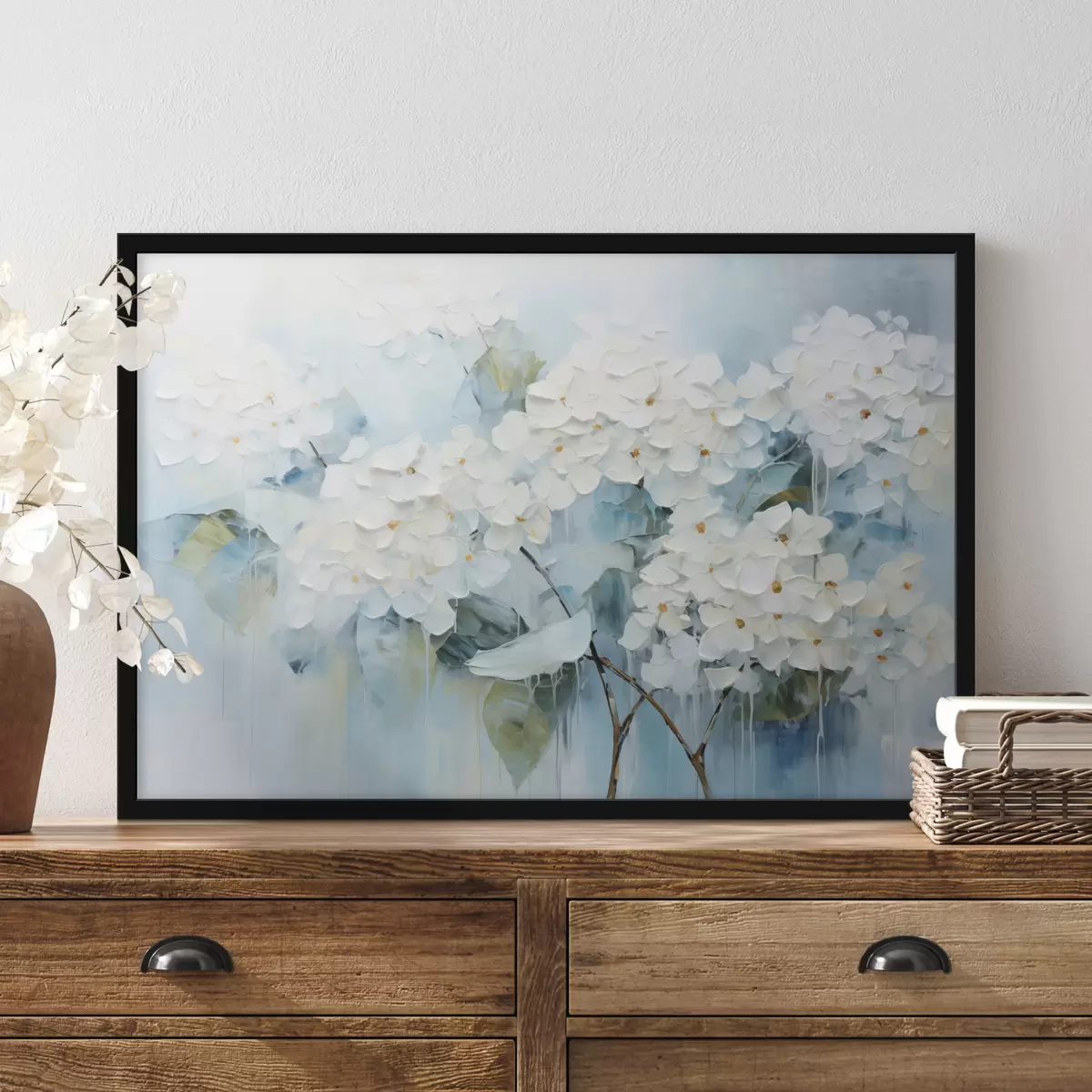 Poster Hortensias blancas en flor al óleo f45051