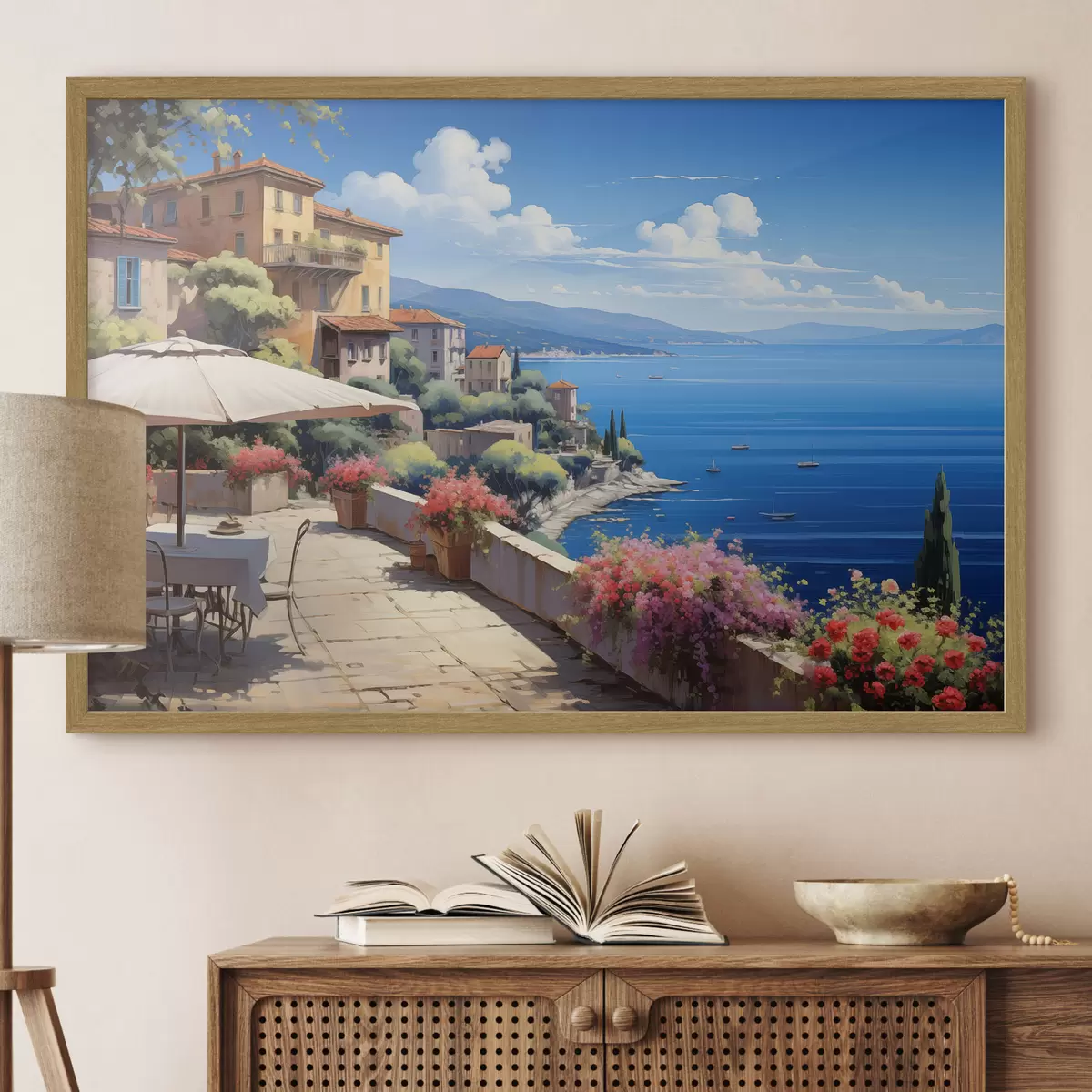 Poster Paisaje mediterráneo con terraza en flor de estilo artístico f45053