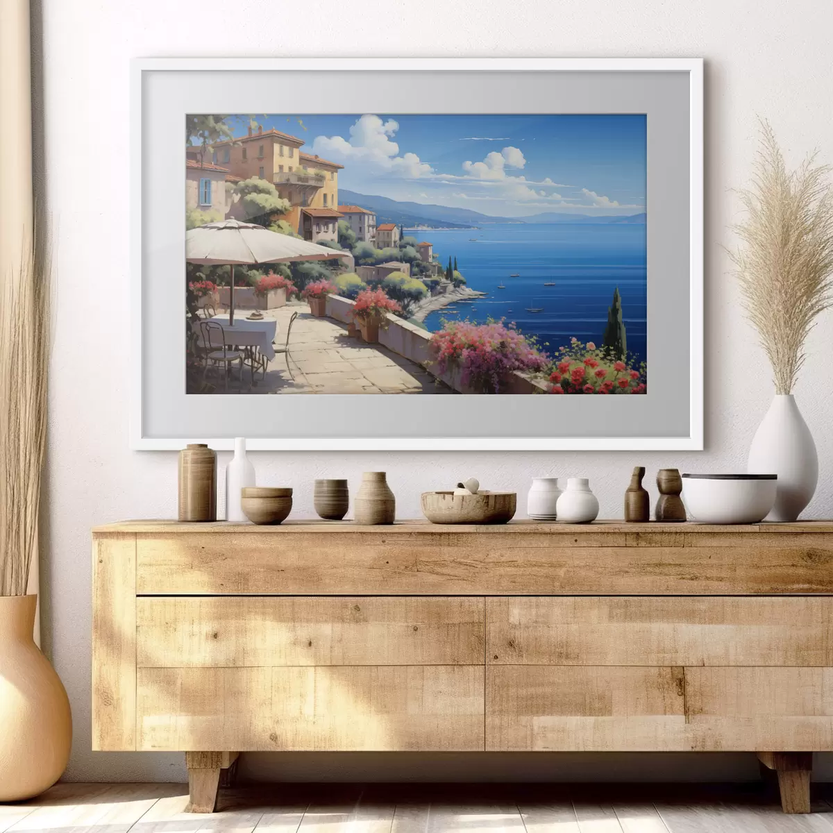 Poster Paisaje mediterráneo con terraza en flor de estilo artístico f45053