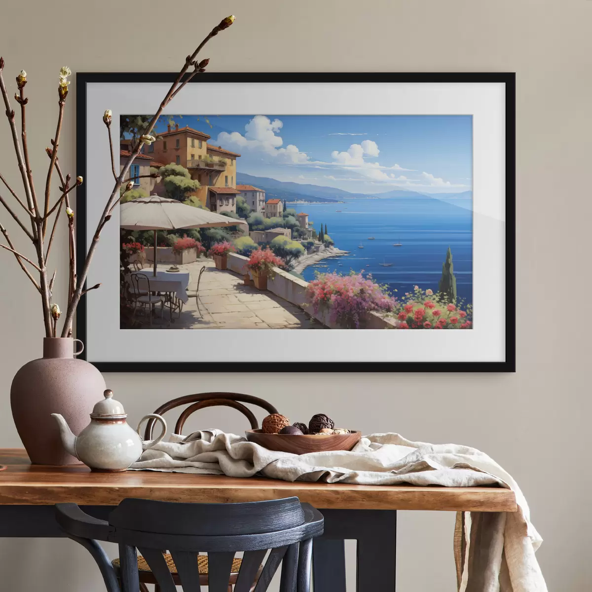 Poster Paisaje mediterráneo con terraza en flor de estilo artístico f45053