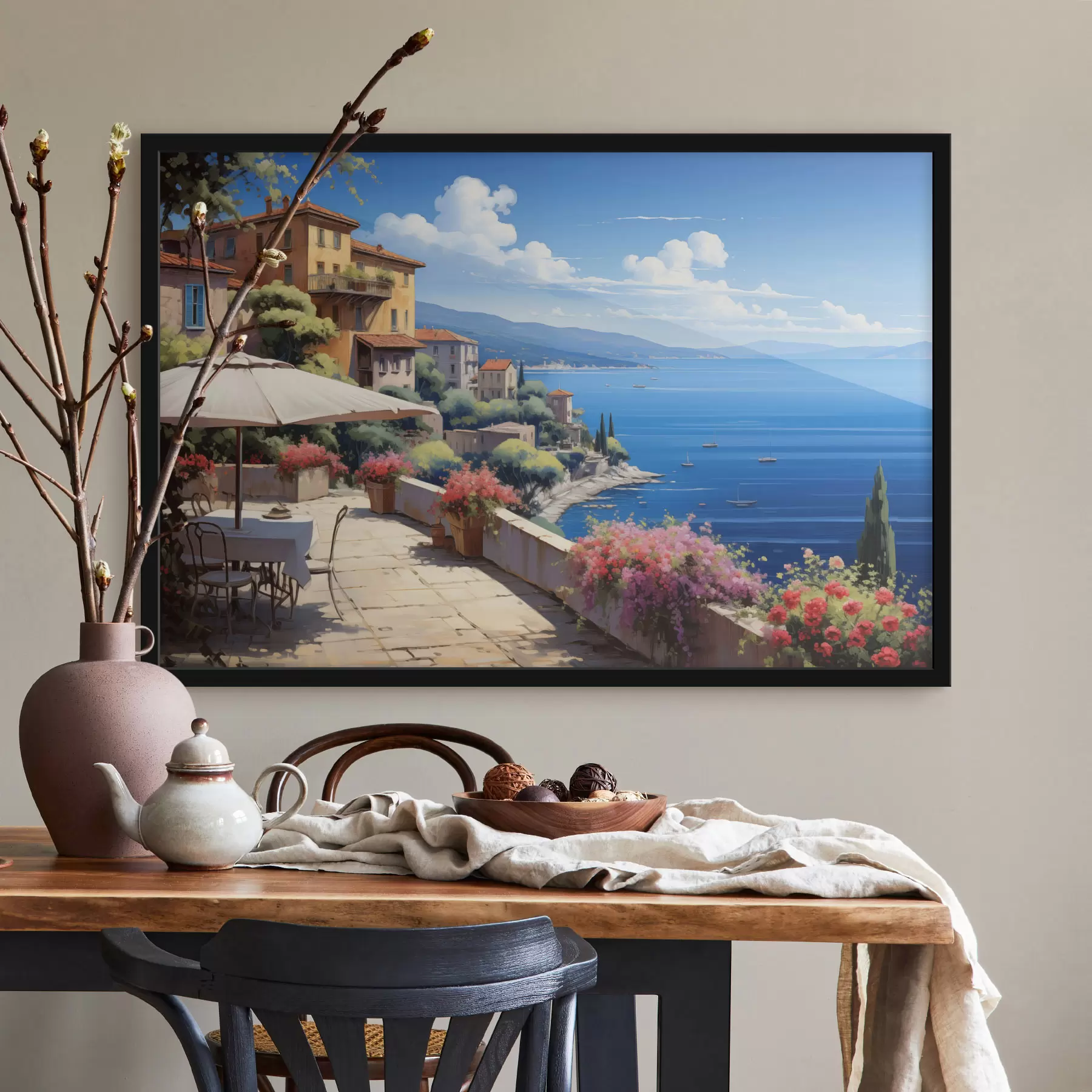 murales de pared Paisaje mediterráneo con terraza en flor de estilo artístico f45053