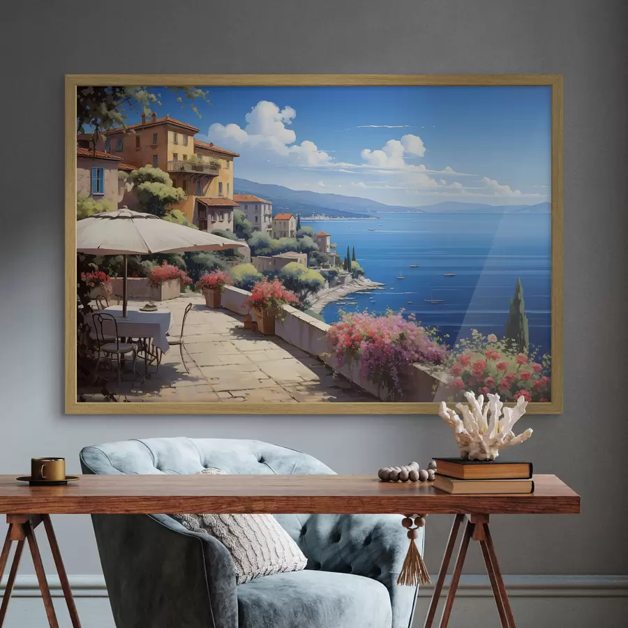 murales de pared Paisaje mediterráneo con terraza en flor de estilo artístico f45053