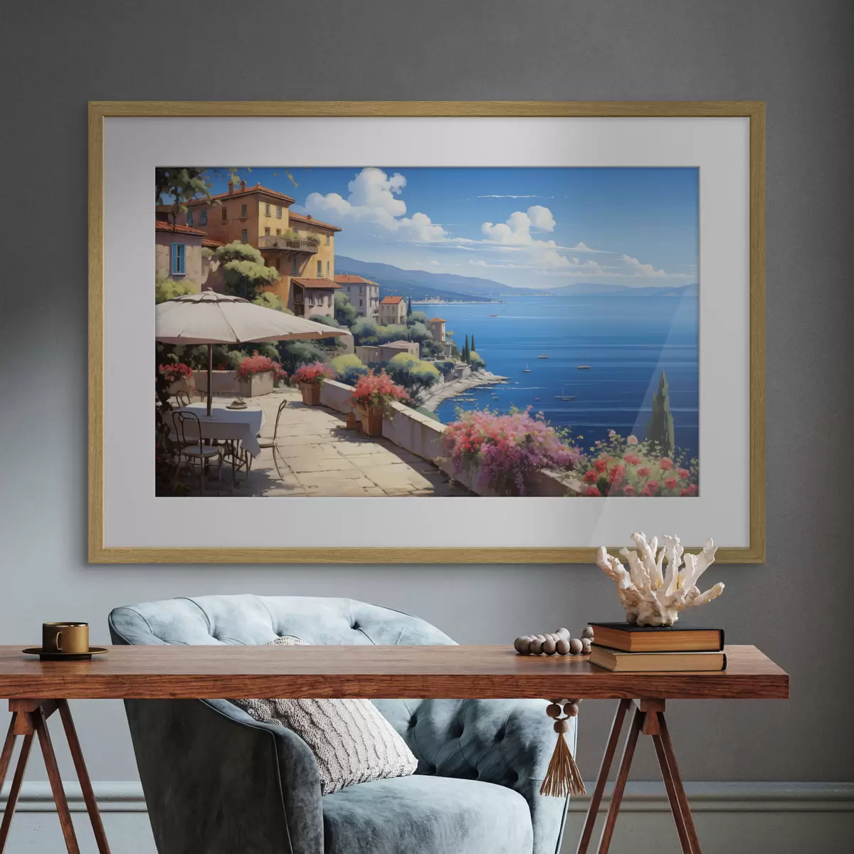 Poster Paisaje mediterráneo con terraza en flor de estilo artístico f45053