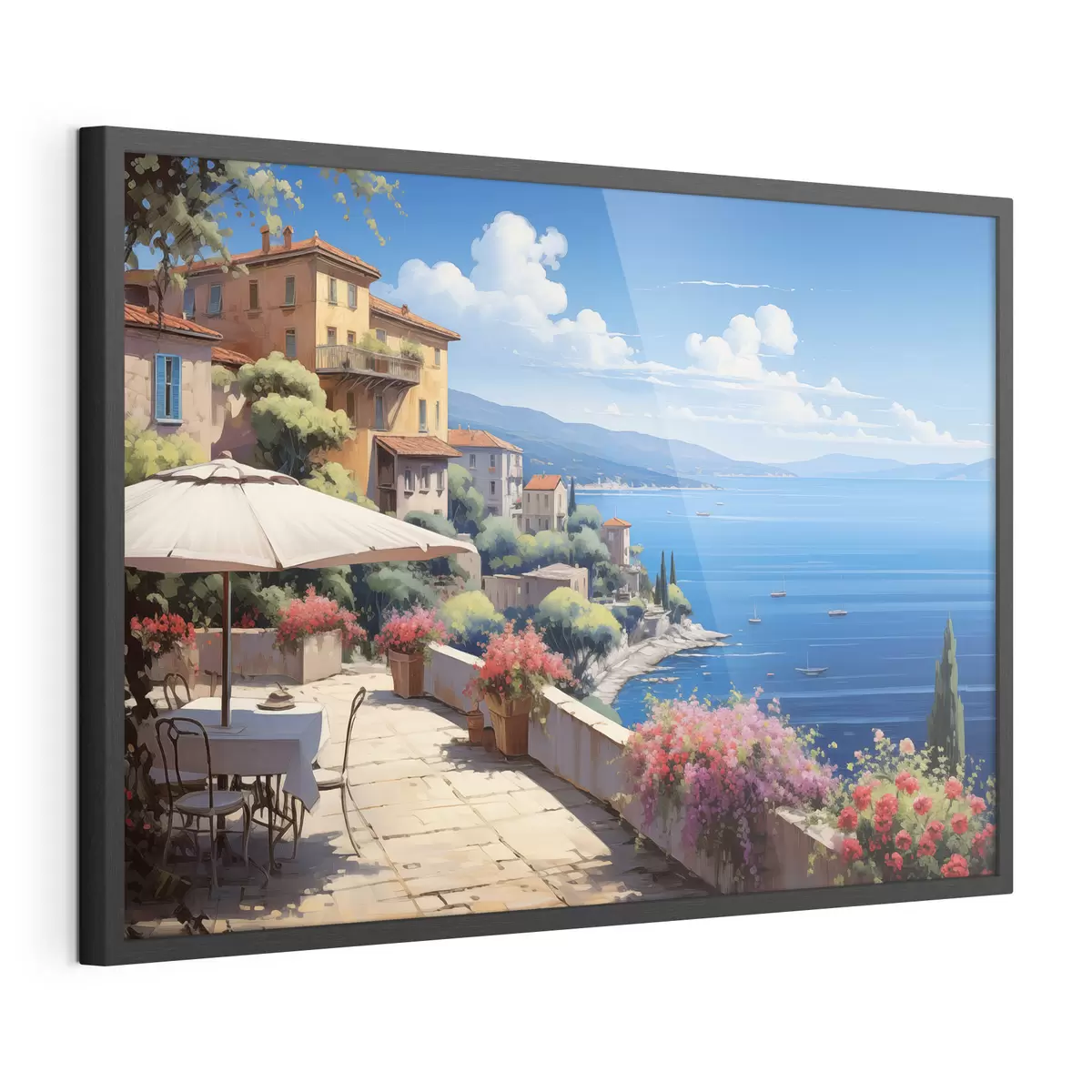 Poster Paisaje mediterráneo con terraza en flor de estilo artístico f45053