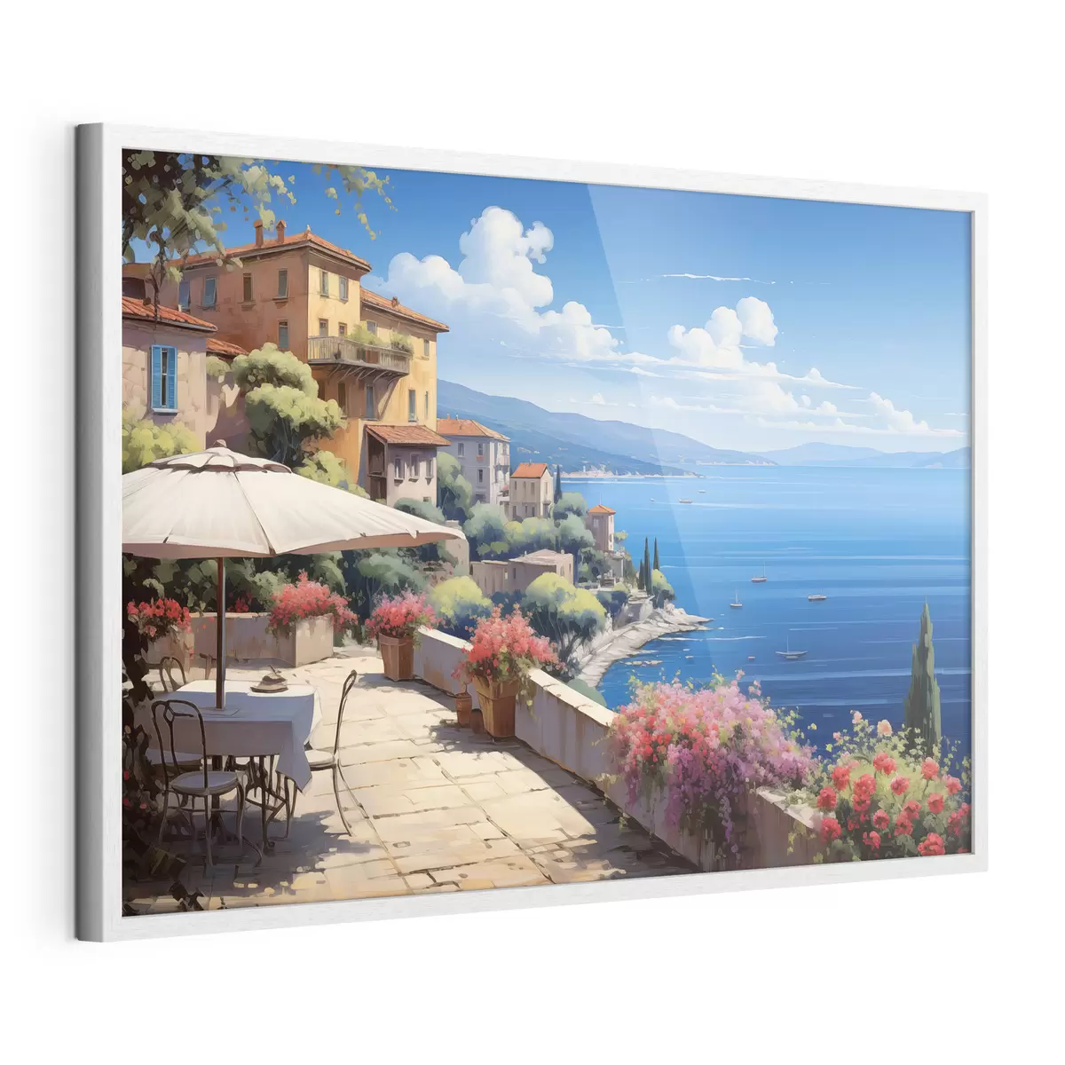 Poster Paisaje mediterráneo con terraza en flor de estilo artístico f45053