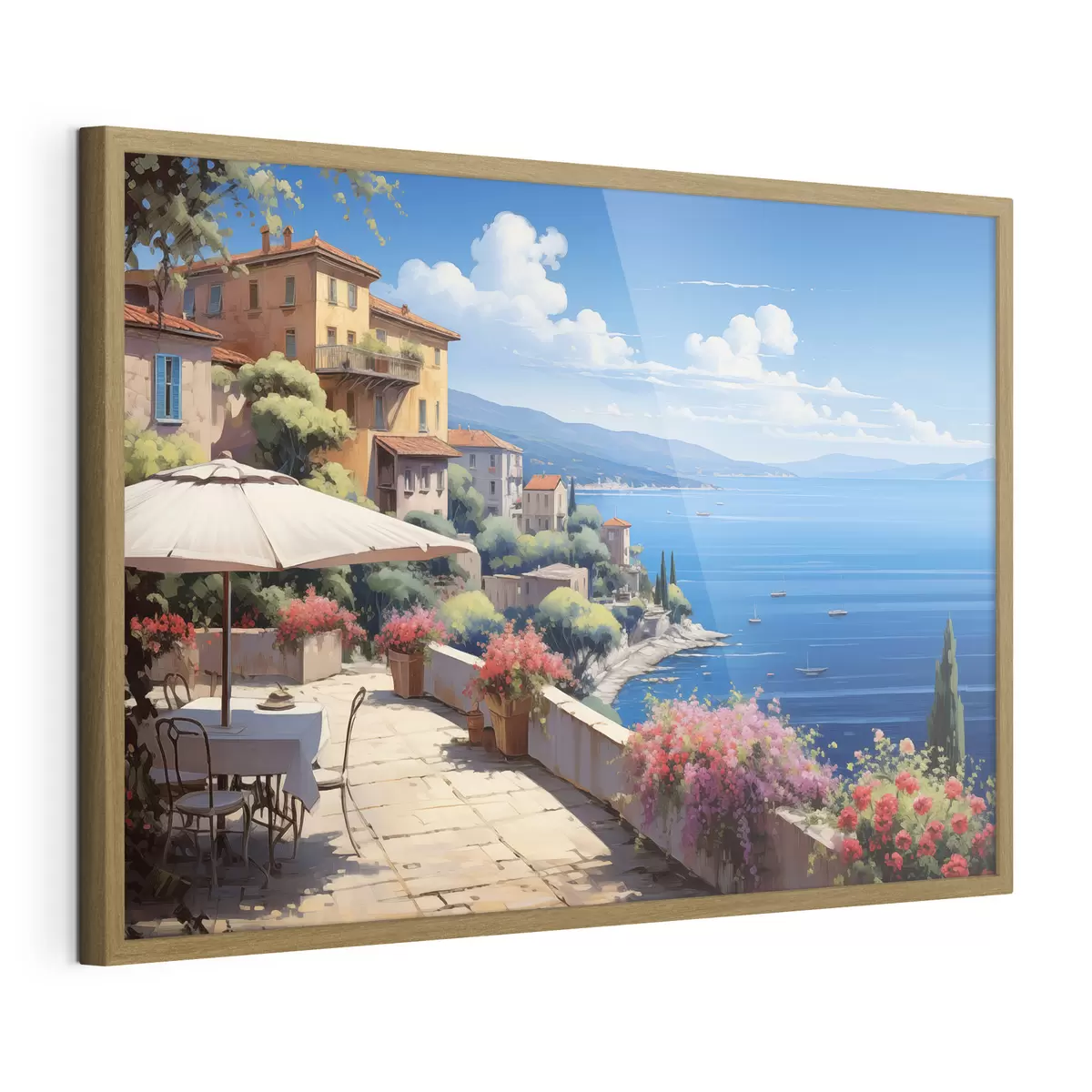 Poster Paisaje mediterráneo con terraza en flor de estilo artístico f45053