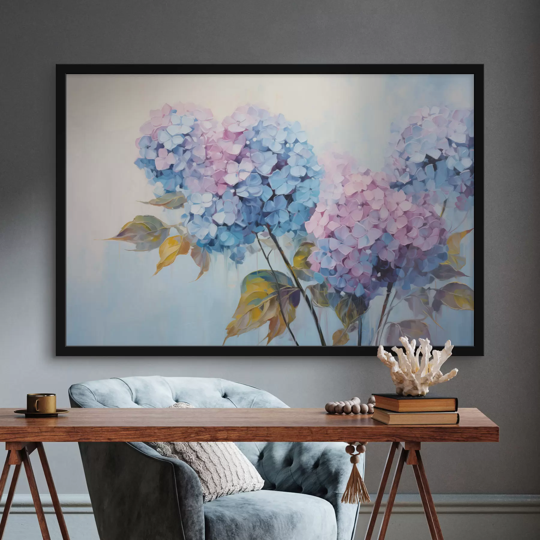 murales de pared Flores de hortensia abstractas en tonos suaves f45056