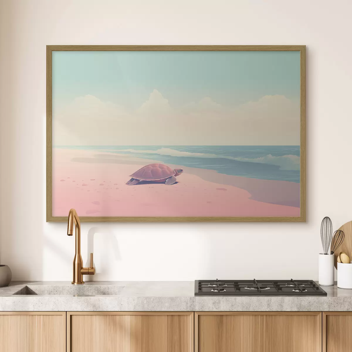 Poster Tortuga marina en una playa rosa: paisaje minimalista f45059