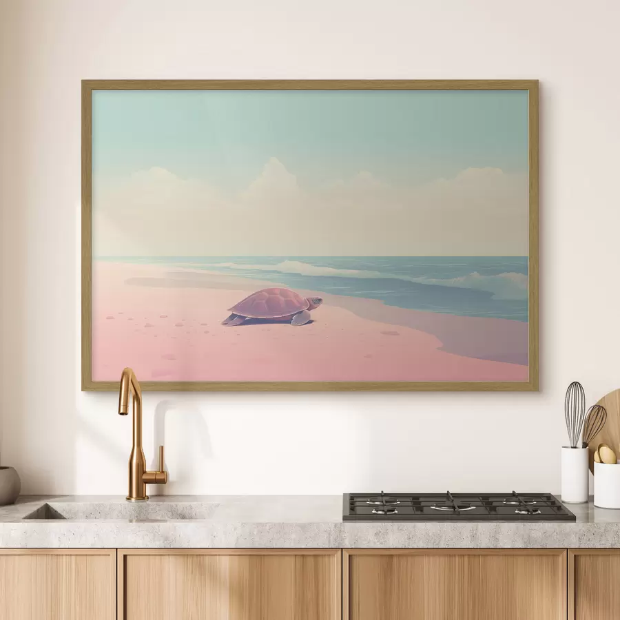 murales de pared Tortuga marina en una playa rosa: paisaje minimalista f45059
