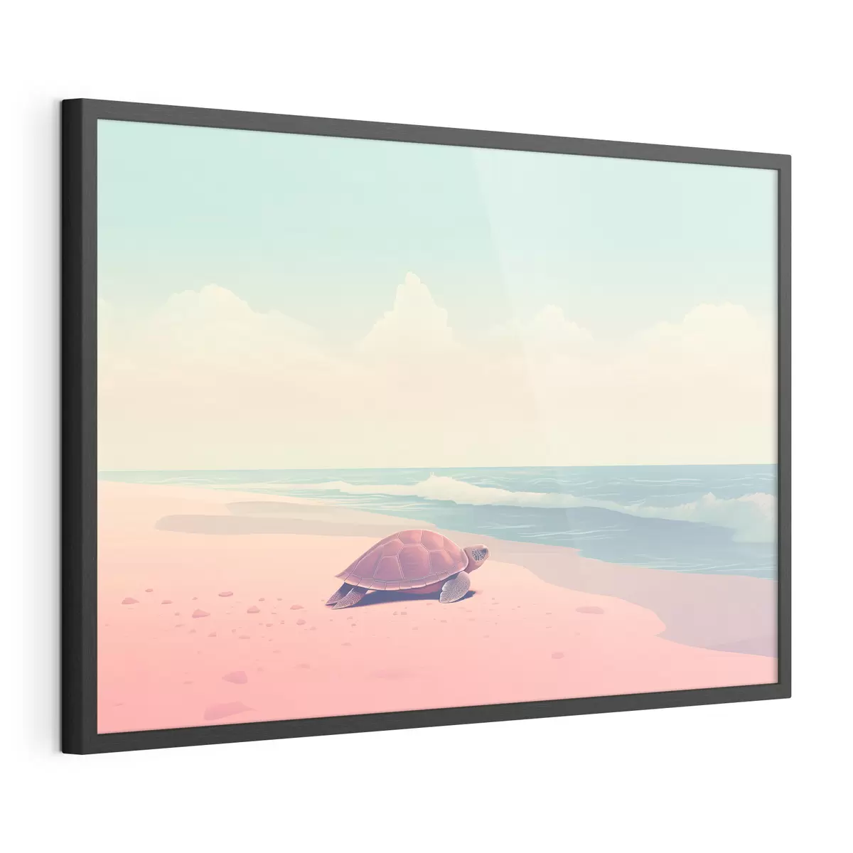 Poster Tortuga marina en una playa rosa: paisaje minimalista f45059