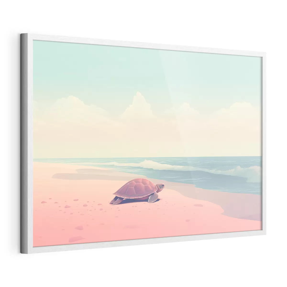 Poster Tortuga marina en una playa rosa: paisaje minimalista f45059