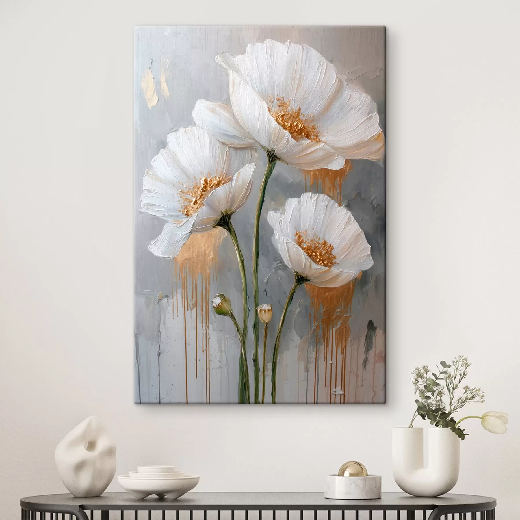 murales de pared Margaritas blancas: pintura volumétrica sobre fondo azul s45240