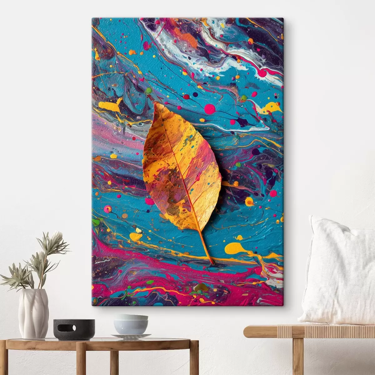 murales de pared Hoja brillante sobre un fondo colorido: composición abstracta s45245