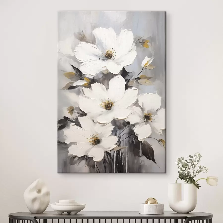 murales de pared Flores blancas: pintura volumétrica sobre fondo gris s45252