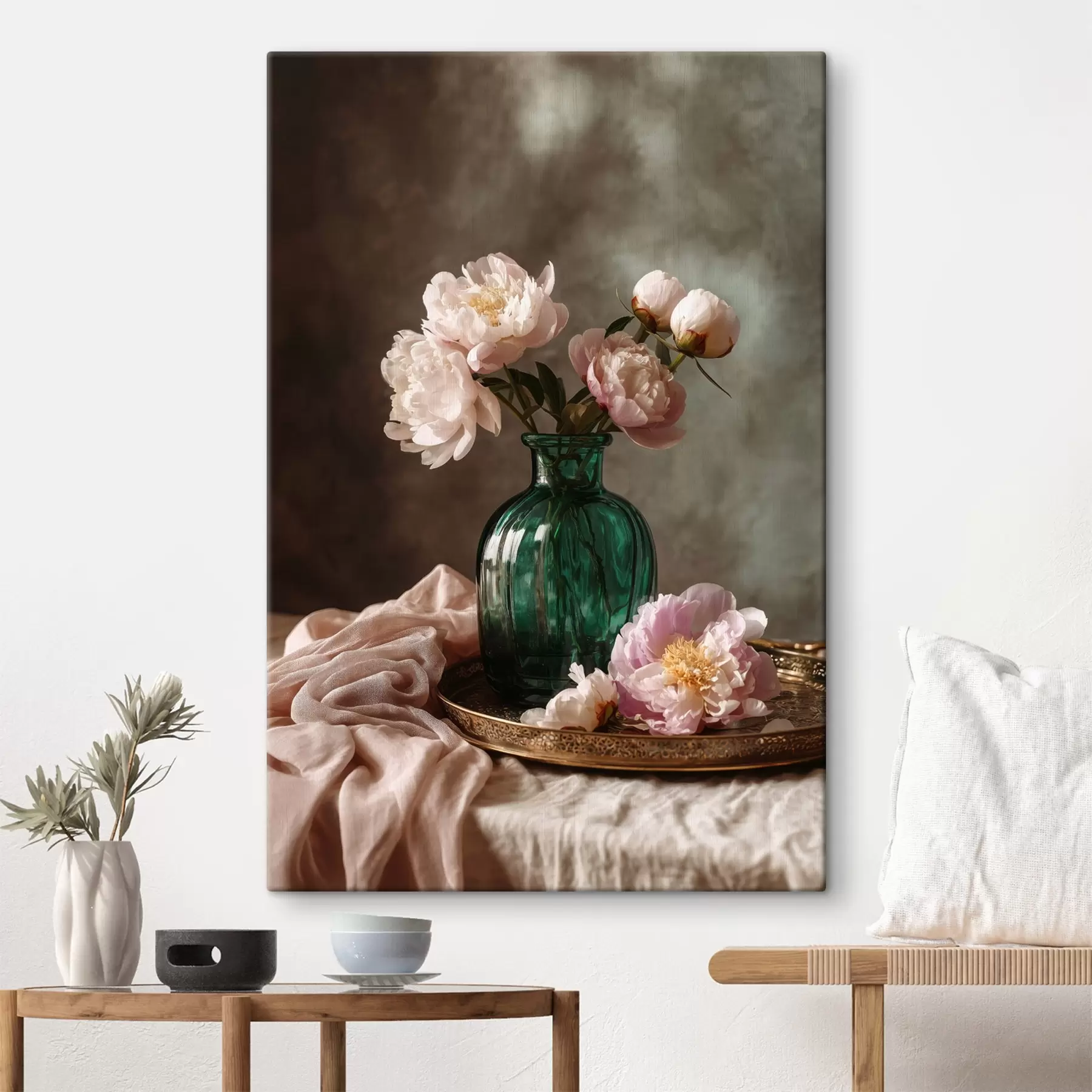 murales de pared Delicadas peonías rosas en un jarrón esmeralda s45261