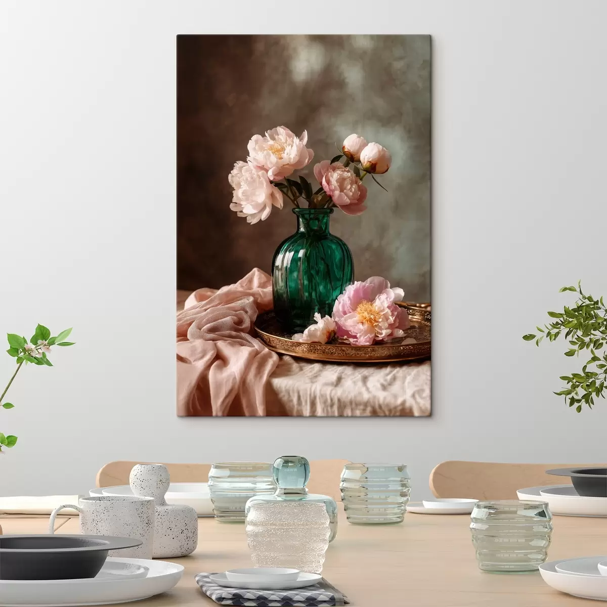 murales de pared Delicadas peonías rosas en un jarrón esmeralda s45261