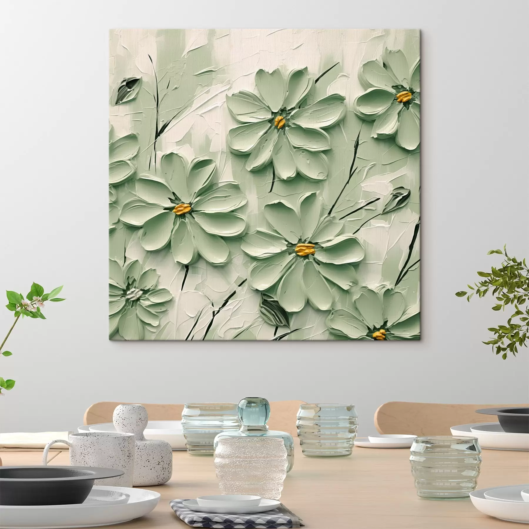 murales de pared Flores verdes con centros amarillos pintadas con pinceladas gruesas sobre fondo claro s45265