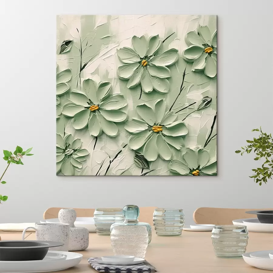 murales de pared Flores verdes con centros amarillos pintadas con pinceladas gruesas sobre fondo claro s45265