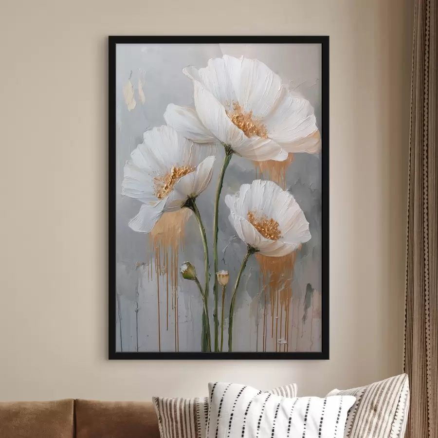 murales de pared Margaritas blancas: pintura volumétrica sobre fondo azul f45240