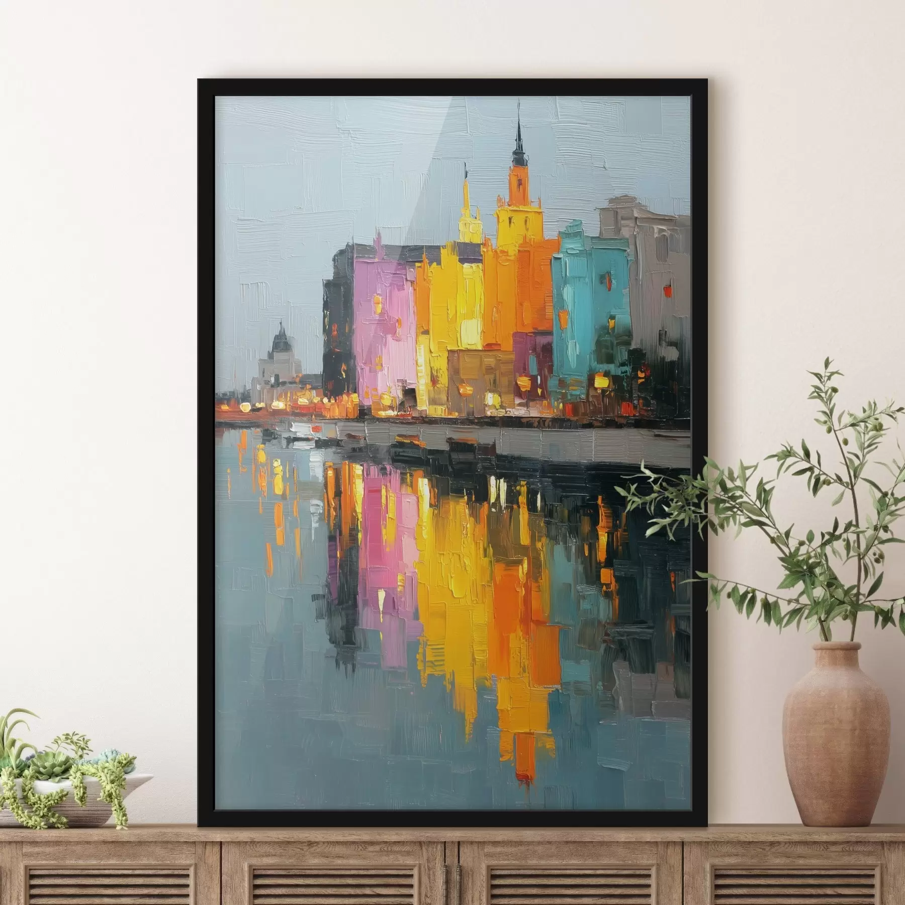 murales de pared Luces de la ciudad: paisaje vibrante en estilo empastado f45242