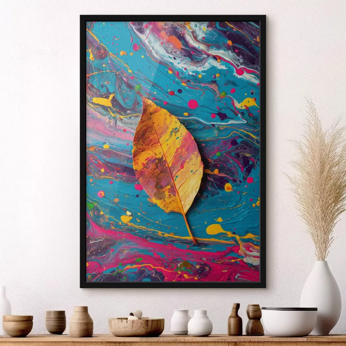 Poster Hoja brillante sobre un fondo colorido: composición abstracta f45245