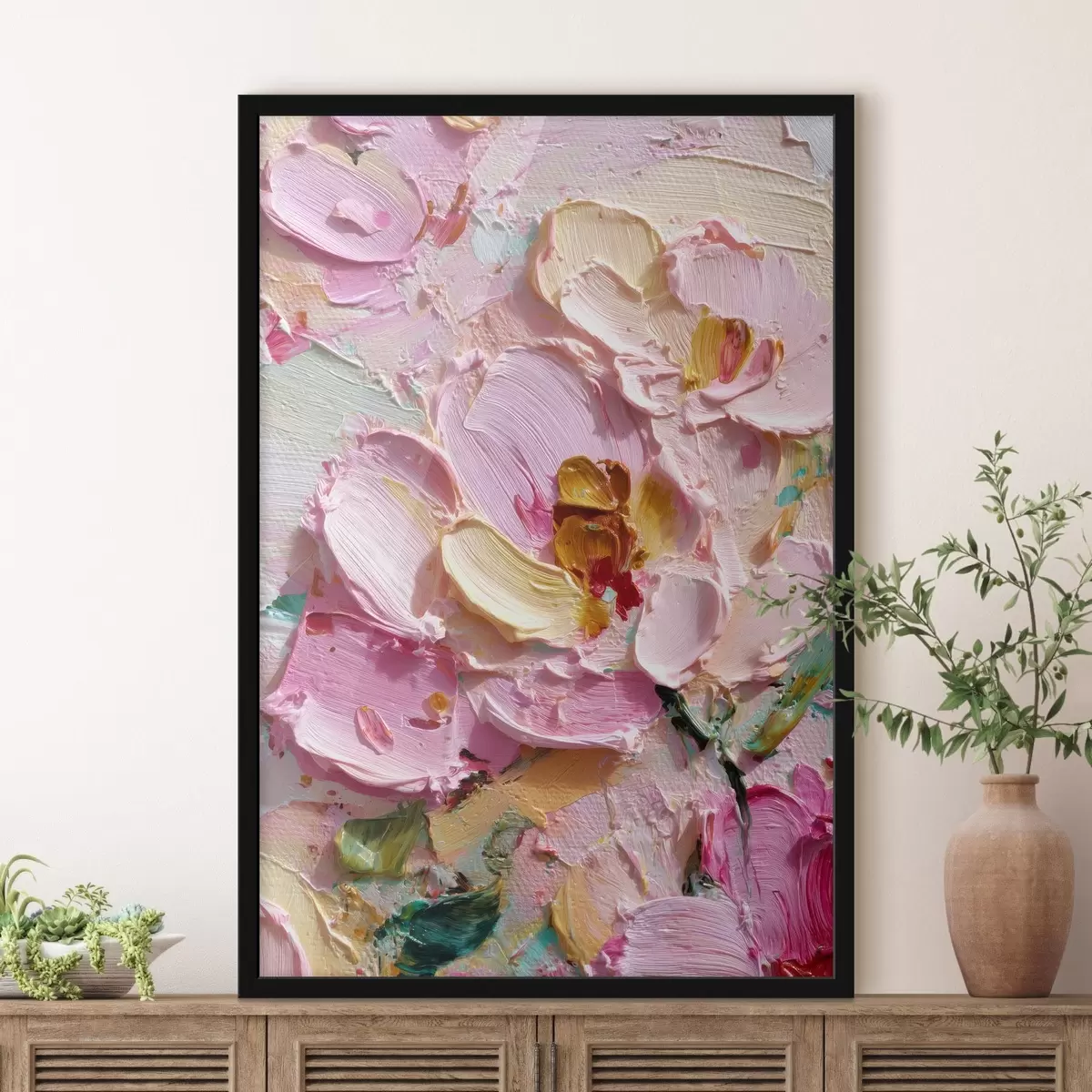 Poster Magnolias rosas: pintura texturizada con trazos dimensionales f45249