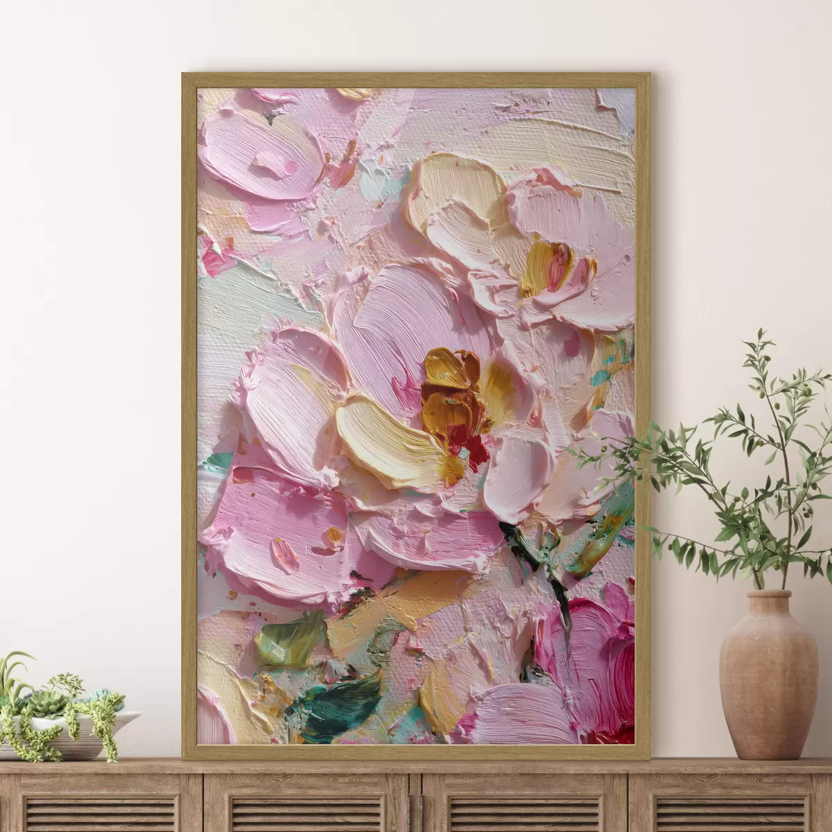 Poster Magnolias rosas: pintura texturizada con trazos dimensionales f45249