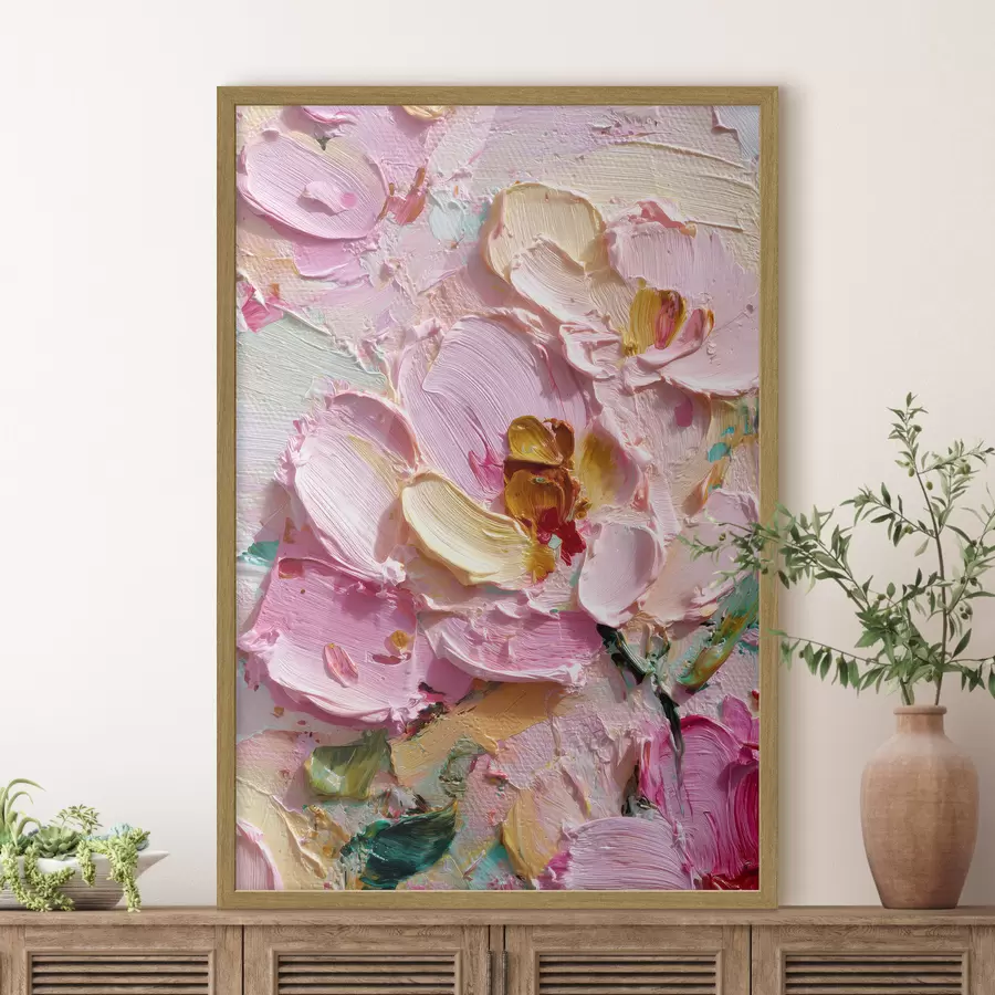 murales de pared Magnolias rosas: pintura texturizada con trazos dimensionales f45249