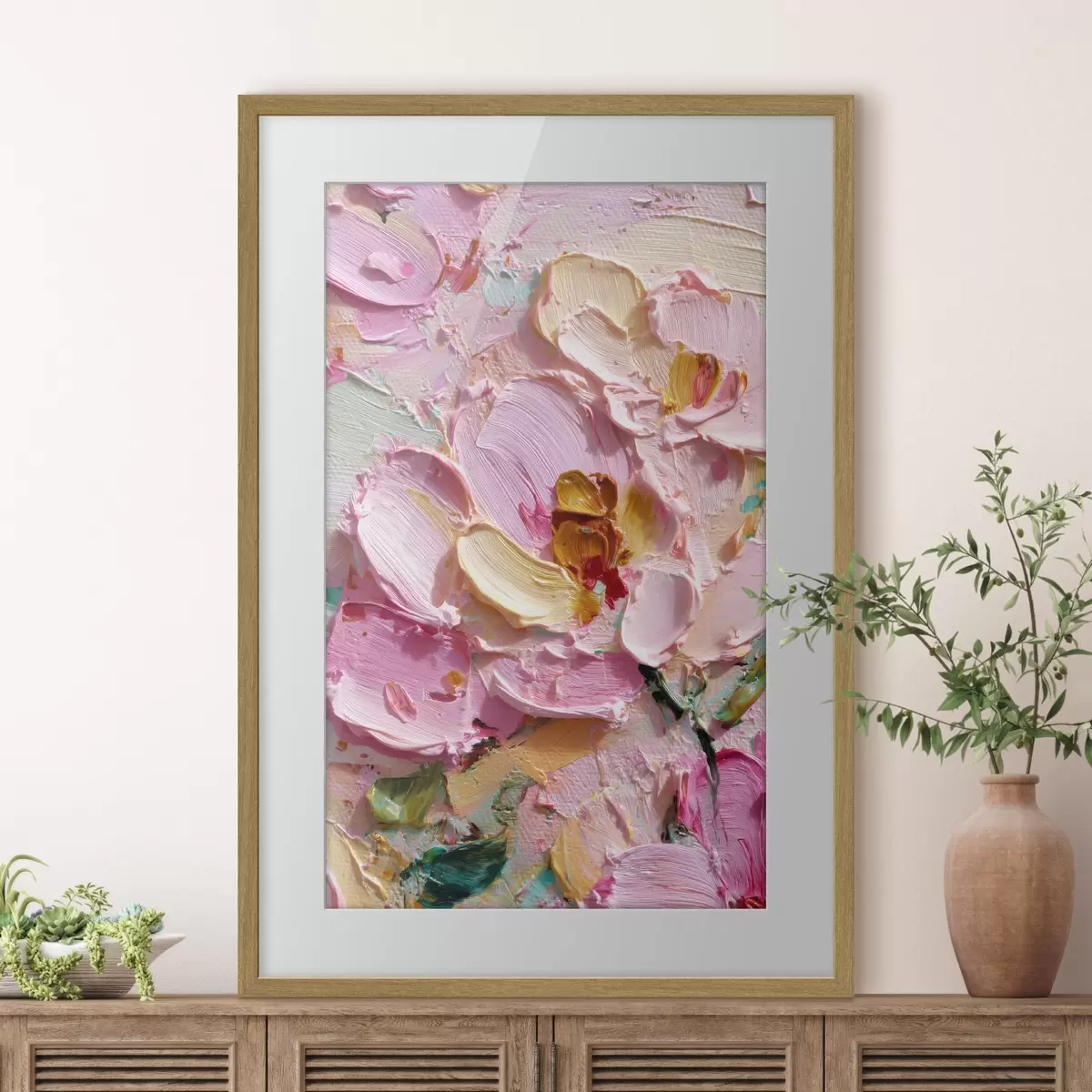 Poster Magnolias rosas: pintura texturizada con trazos dimensionales f45249