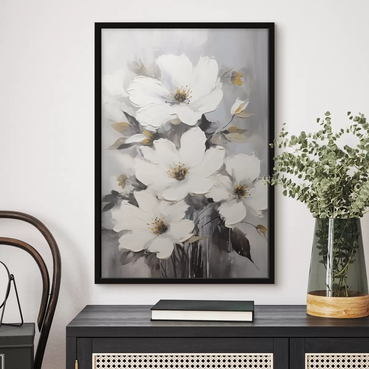 Poster Flores blancas: pintura volumétrica sobre fondo gris f45252