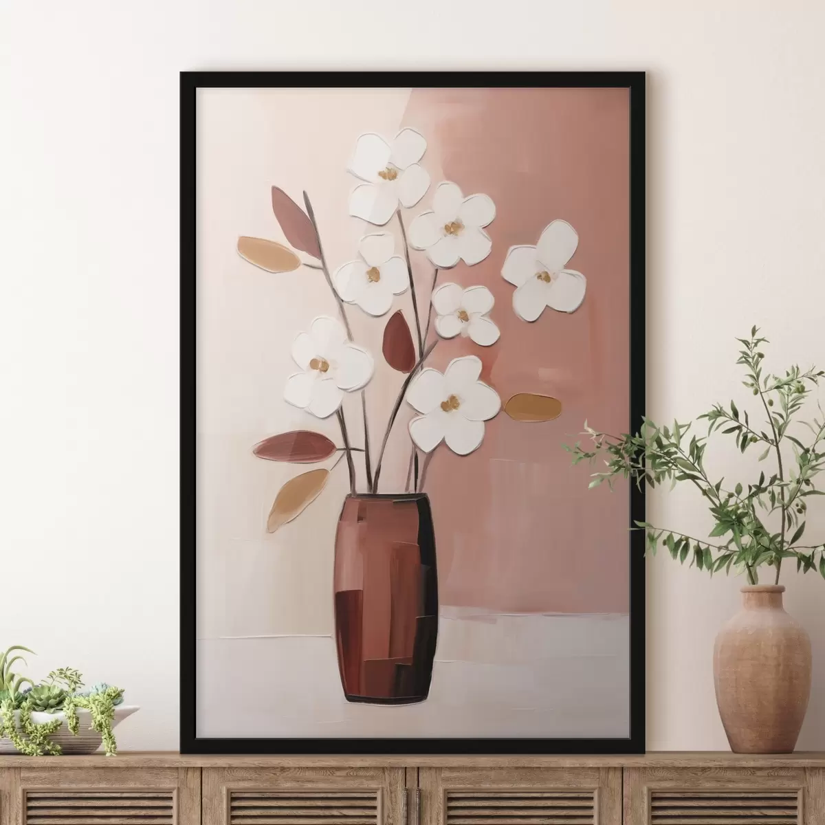 Poster Flores blancas en un jarrón oscuro: pintura floral moderna f45255
