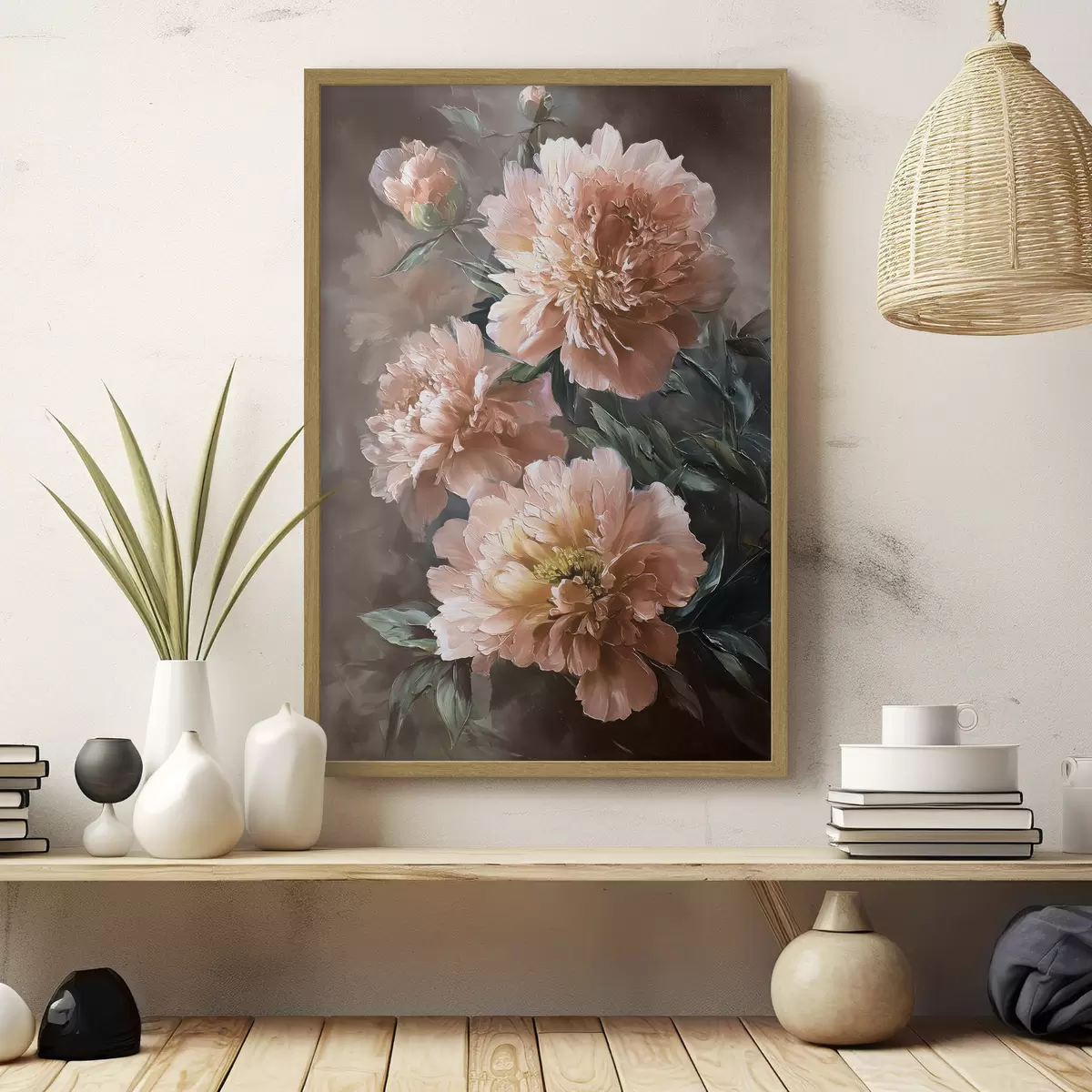 Poster Ramo de peonías rosas con trazos atrevidos sobre fondo oscuro f45260