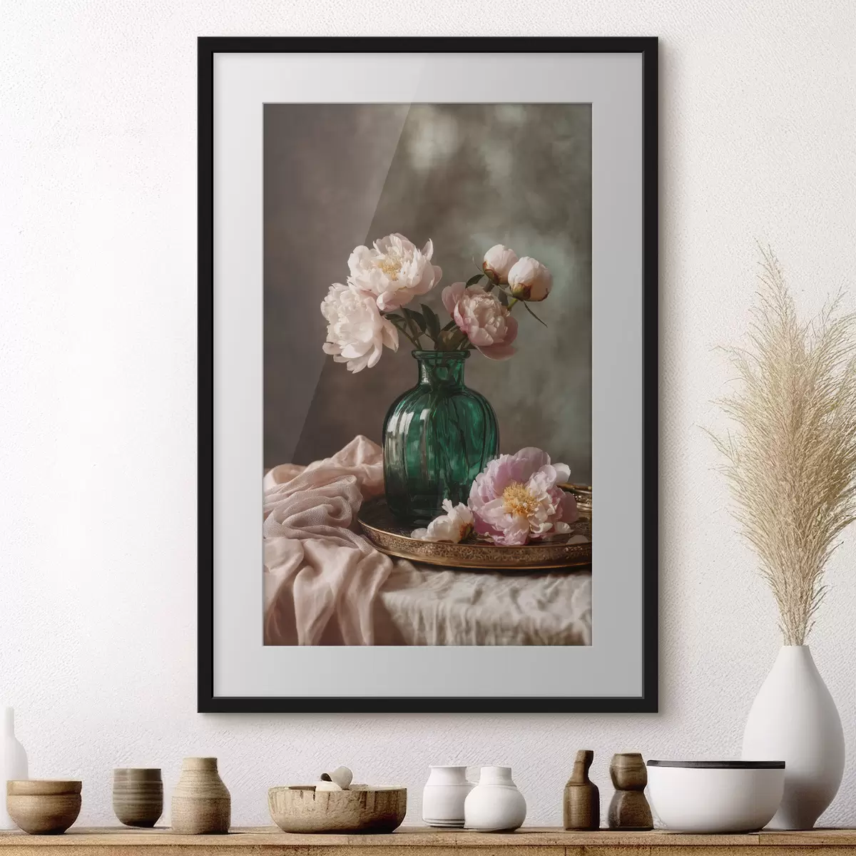 Poster Delicadas peonías rosas en un jarrón esmeralda f45261