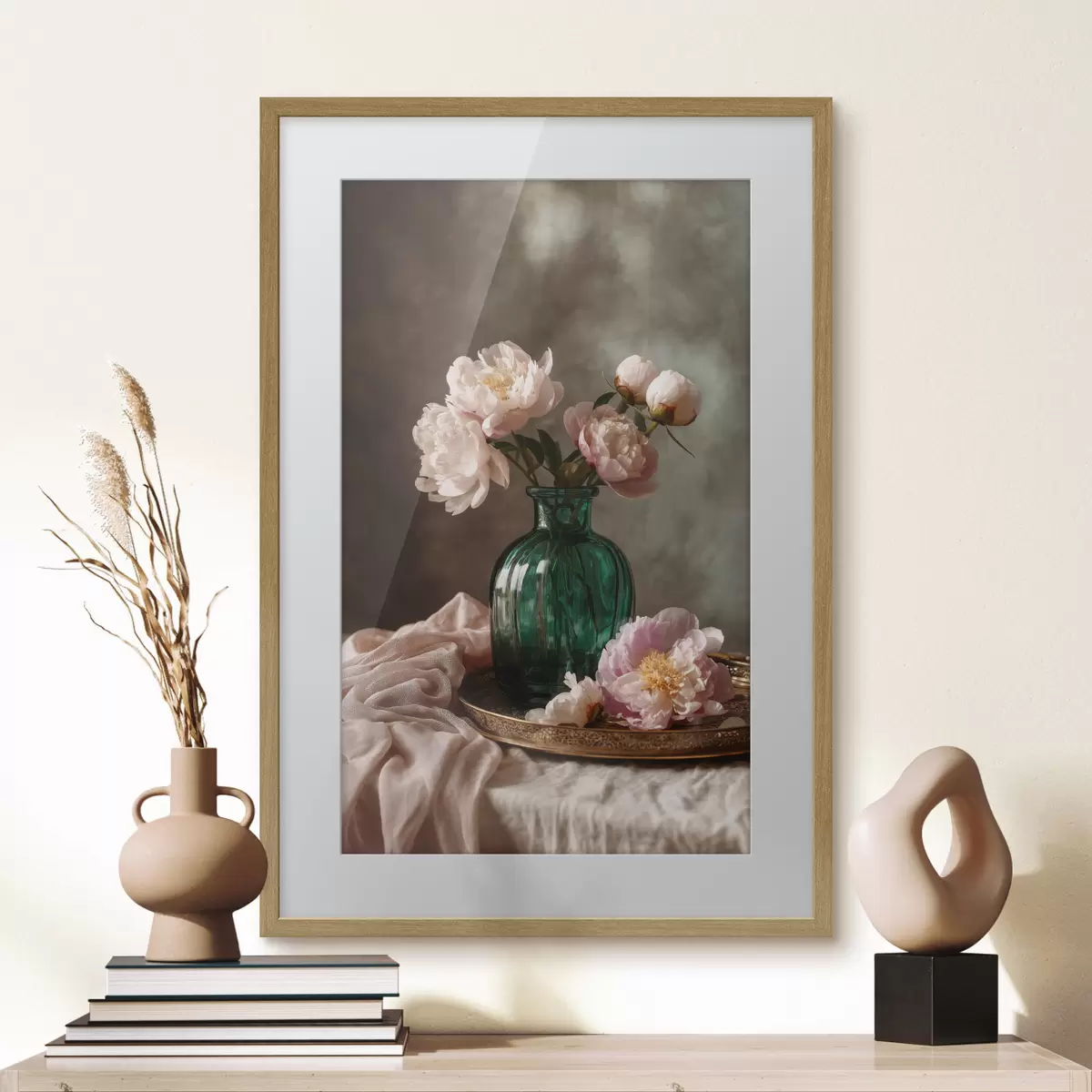 Poster Delicadas peonías rosas en un jarrón esmeralda f45261