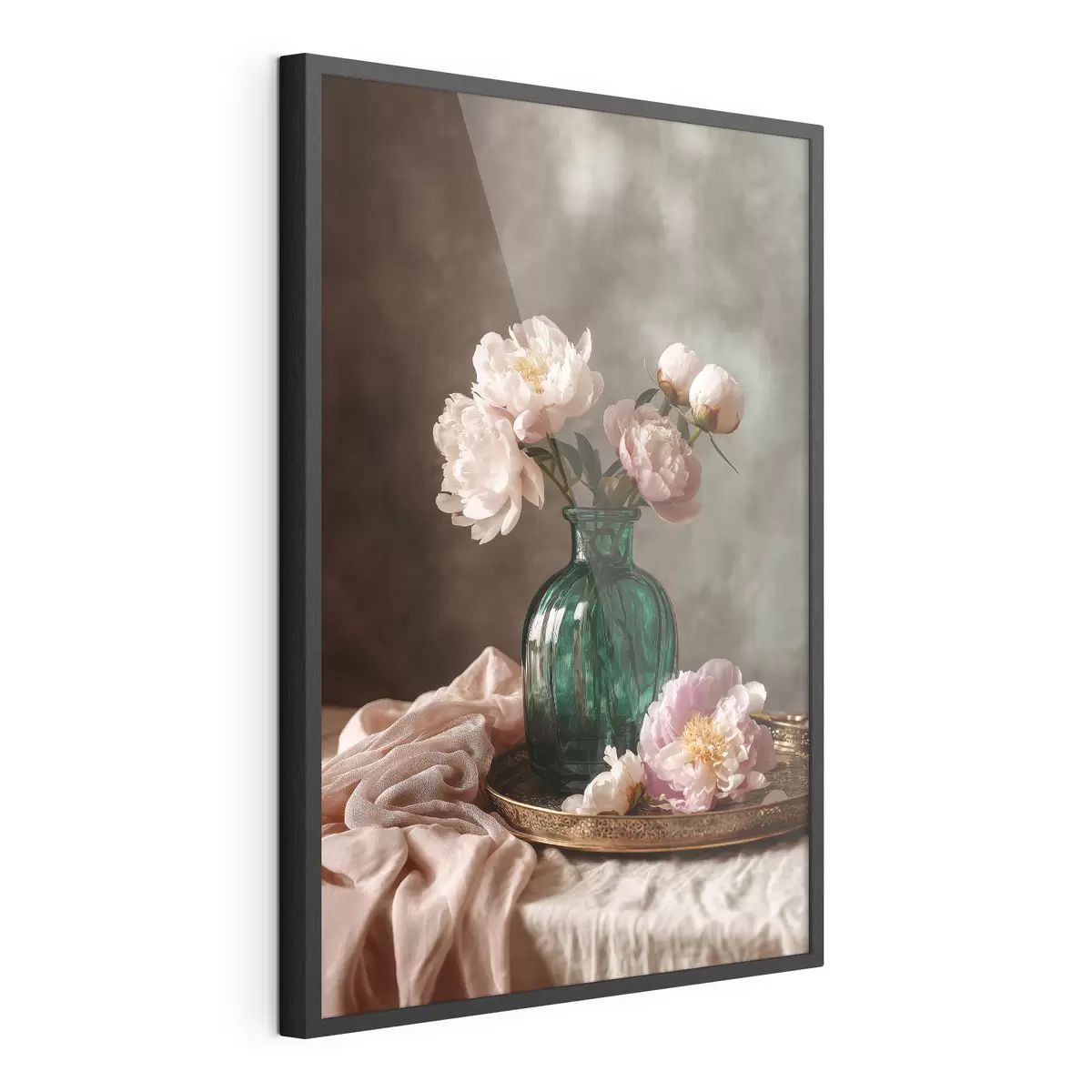 Poster Delicadas peonías rosas en un jarrón esmeralda f45261