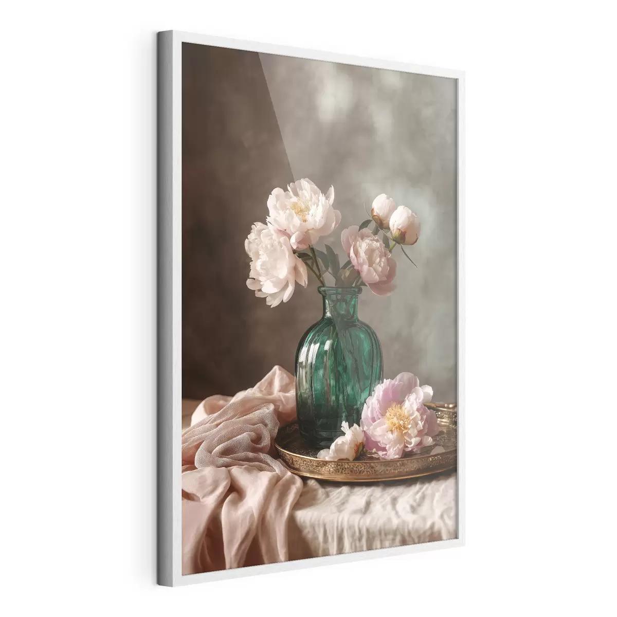 Poster Delicadas peonías rosas en un jarrón esmeralda f45261