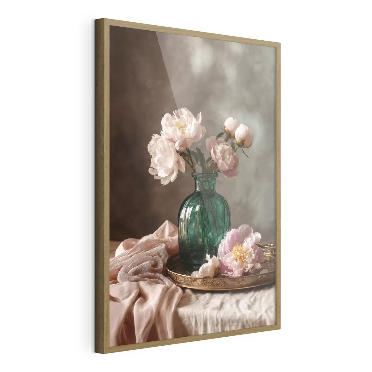 Poster Delicadas peonías rosas en un jarrón esmeralda f45261