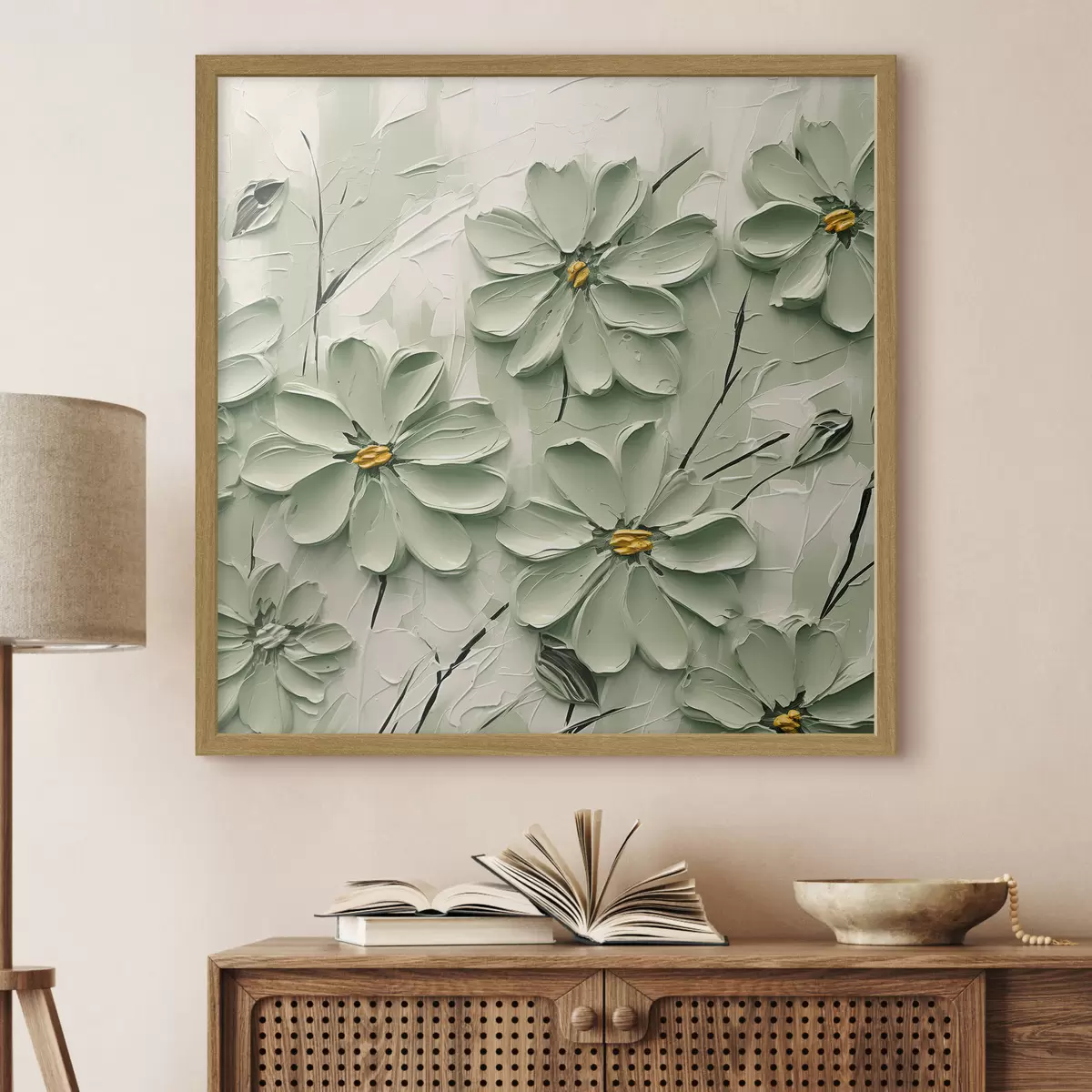 Poster Flores verdes con centros amarillos pintadas con pinceladas gruesas sobre fondo claro f45265