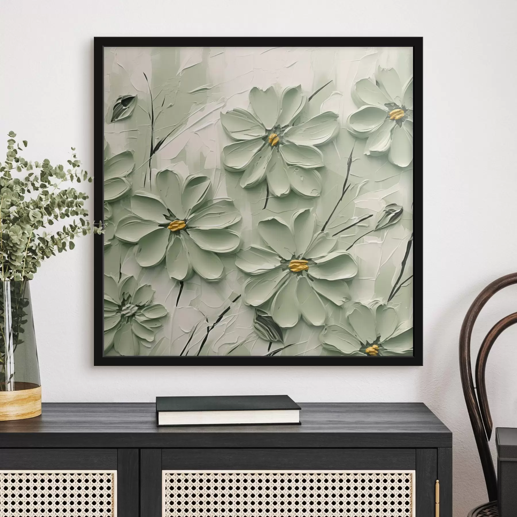 murales de pared Flores verdes con centros amarillos pintadas con pinceladas gruesas sobre fondo claro f45265