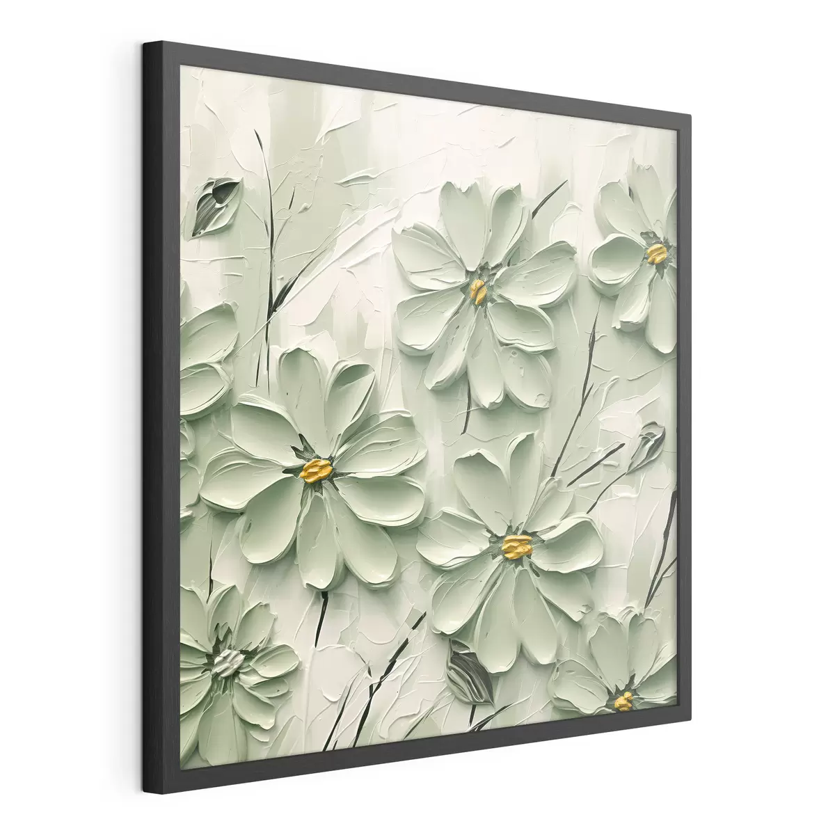 Poster Flores verdes con centros amarillos pintadas con pinceladas gruesas sobre fondo claro f45265
