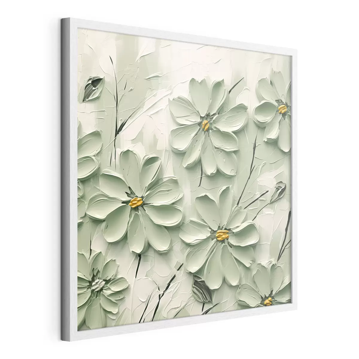 Poster Flores verdes con centros amarillos pintadas con pinceladas gruesas sobre fondo claro f45265