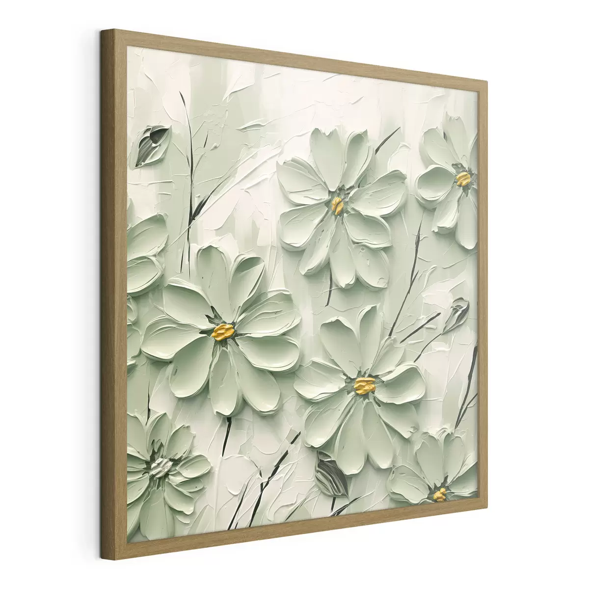 Poster Flores verdes con centros amarillos pintadas con pinceladas gruesas sobre fondo claro f45265