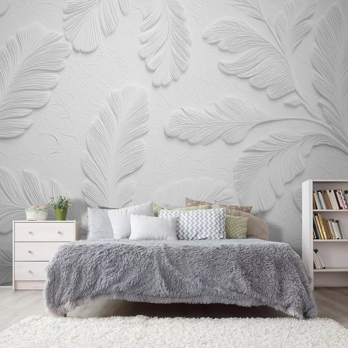 murales de pared Hojas en relieve de color gris con efecto de textura agrietada w09309v1