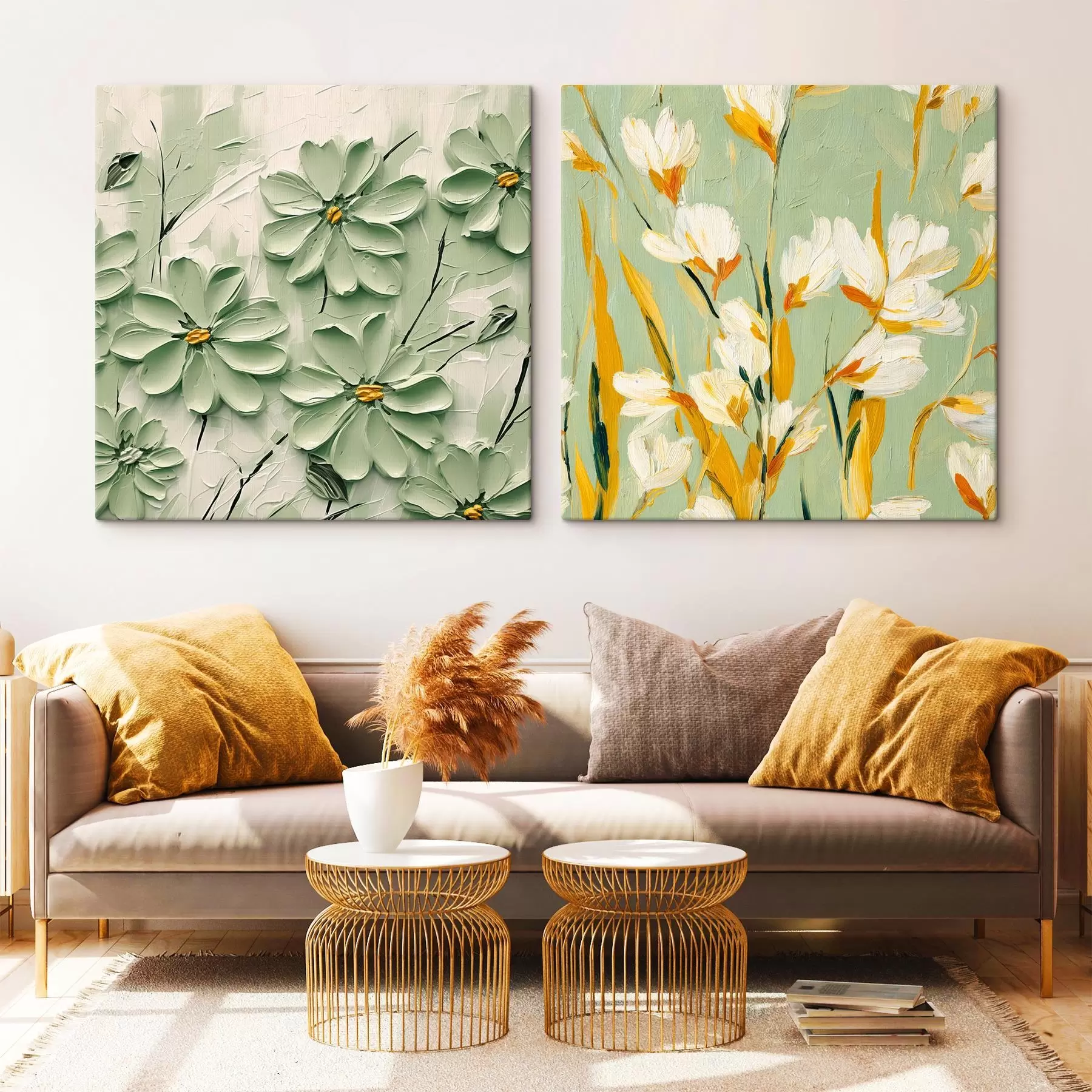 murales de pared Pradera de flores: composición artística con flores volumétricas sobre fondo pastel m00567