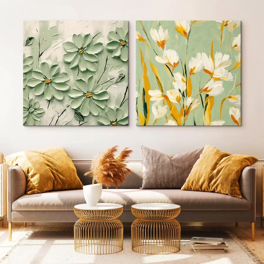 murales de pared Pradera de flores: composición artística con flores volumétricas sobre fondo pastel m00567