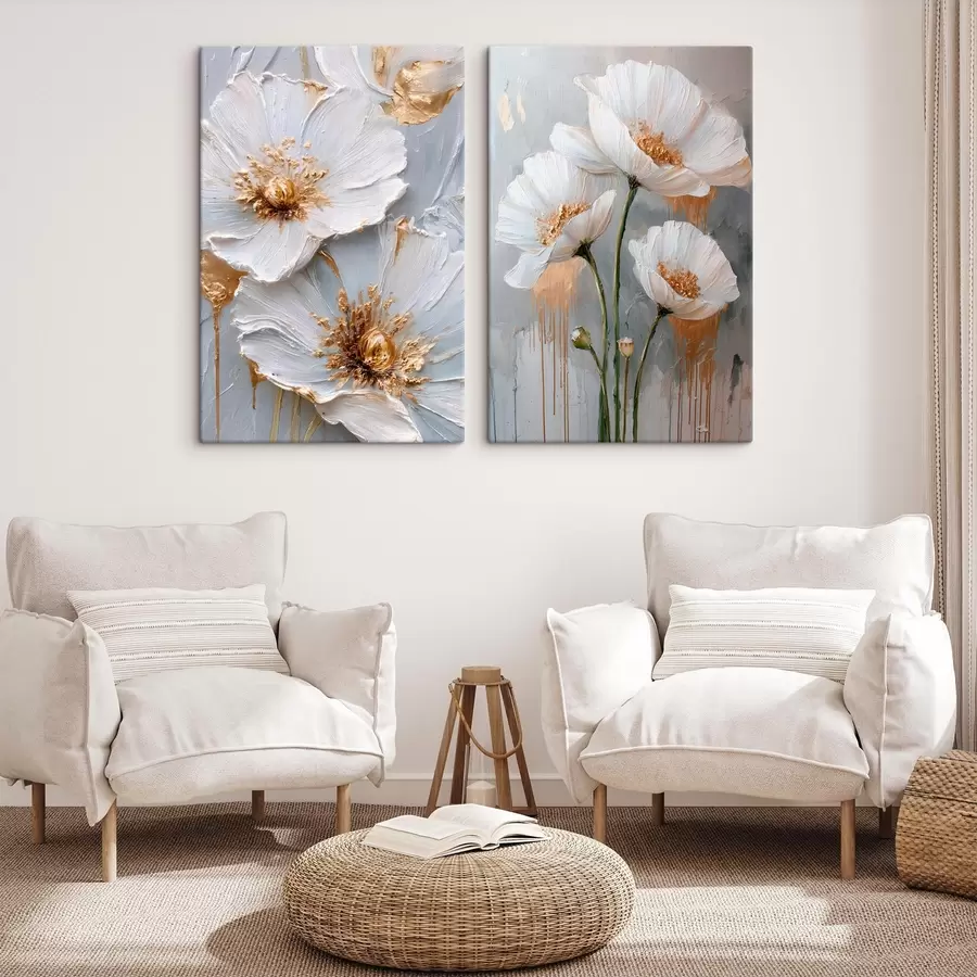murales de pared Pintura volumétrica de flores blancas con toques dorados sobre fondo gris m00568